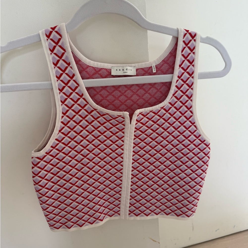 Sandro Geometric Knit Crop Tank in Pink/Red Pattern XS